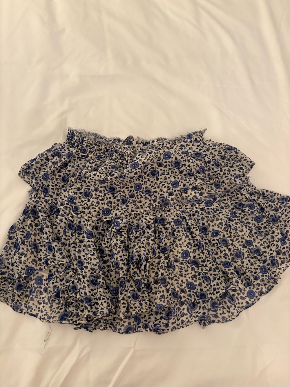 LoveShackFancy Blue and Cream Floral Ruffled Mini Skirt
